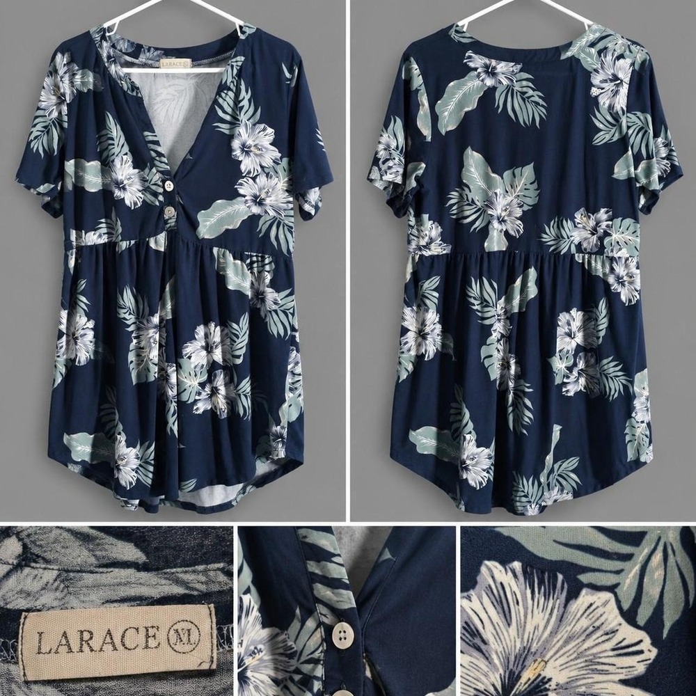 Larace Navy Tropical Floral Babydoll Tunic Top Short Sleeve Button Front